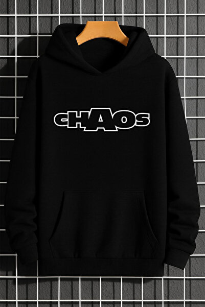 Rivox سويت شيرت رجالي أسود بغطاء رأس قصة فضفاضة Chaos مطبوع