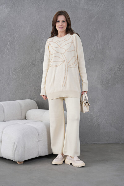 Miss Allos Women's Front Beaded Wide-Fit Knitwear Sweater and Pants Bottom-Top Set