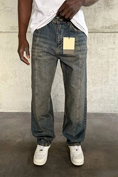 MADZEYMODA Men's Relax Baggy Stitching Detail Washed Blue Denim Jean Trousers Ke-988