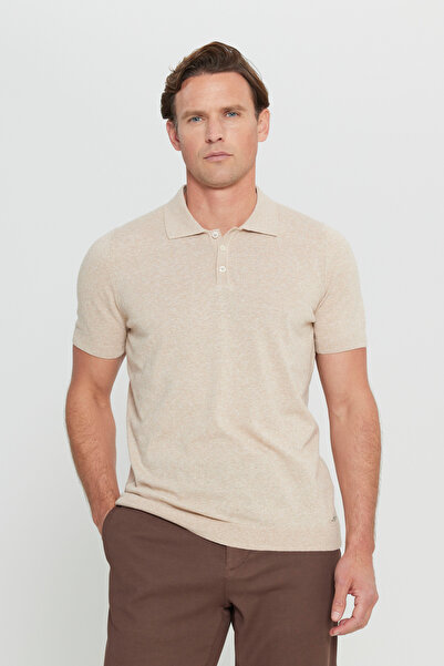 ALTINYILDIZ CLASSICS Men's Beige Cotton Linen Standard Fit Regular Cut Polo Neck Knitwear T-Shirt