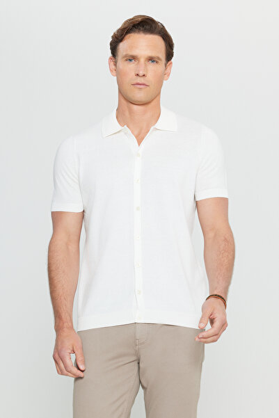 ALTINYILDIZ CLASSICS Men's Ecru 100% Cotton Standard Fit Regular Cut Shirt Collar Knitwear T-Shirt