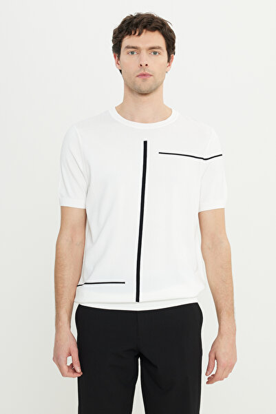 ALTINYILDIZ CLASSICS Men's Ecru Standard Fit Regular Cut Crew Neck Jacquard Knit T-Shirt