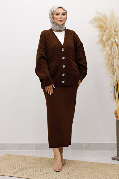 Tesettür Dünyası Buttoned Pocketed Knitwear Cardigan Tsd250225 Bitter Brown