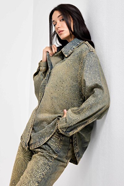 its basic Women's T.Kot Color T-4W5-11 Oversized Shiny Stone Special Design Denim Jacket Shirt