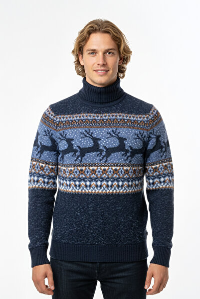 Pulltonic Erkek Balıkçı Yaka Geyik Desenli Yılbaşı Konseptli Kazak