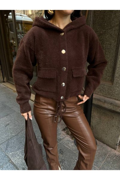 Koçer Triko Modern Fur Textured Cardigan in Soft Touch in Brown Tones