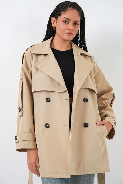 Bigdart Women's Belted Short Trench Coat 5974 - Beige
