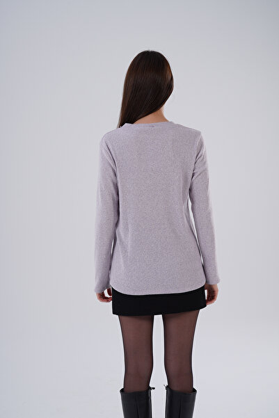 HOFY 1246 Large Size Soft Knitwear Ribbed Knit V-Neck Blouse