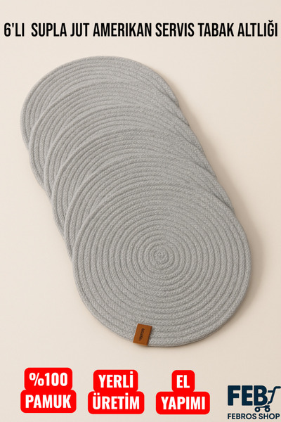 Febros 6'lı Jut Supla Amerikan Servis Takımı – %100 Pamuk, El Yapımı, Kaymaz Yuvarlak Tabak Altlığı