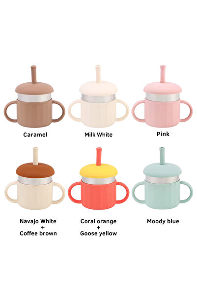 NO BRAND 3 in 1 Children's Cup - Stainless Steel & Silicone, Sippy Cup with 2 Lids (Straw and Spout), 220 ml