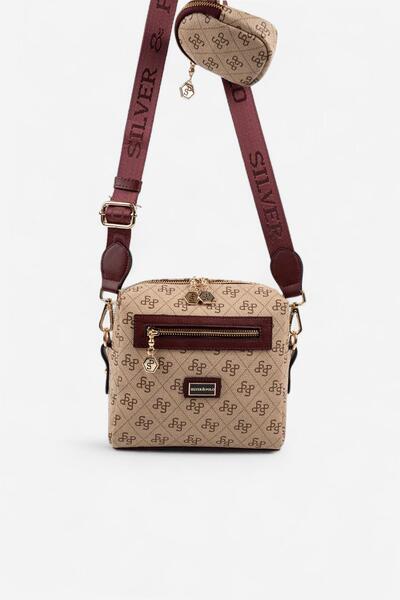 Silver Polo Sp1038 Women's Crossbody Bag Monogram Dark Beige-Burgundy