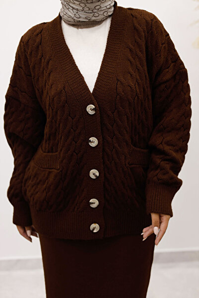 Tesettür Dünyası Buttoned Pocketed Knitwear Cardigan Tsd250225 Bitter Brown