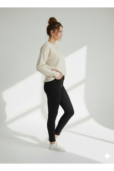 ribana Women's Bow Detailed Crew Neck Double Yarn Knitwear Sweater