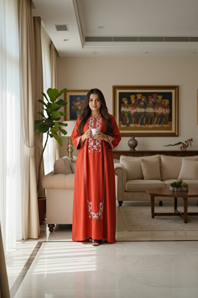 Ease of Wear Burnt Orange Embroidered Satin Silk Kaftan