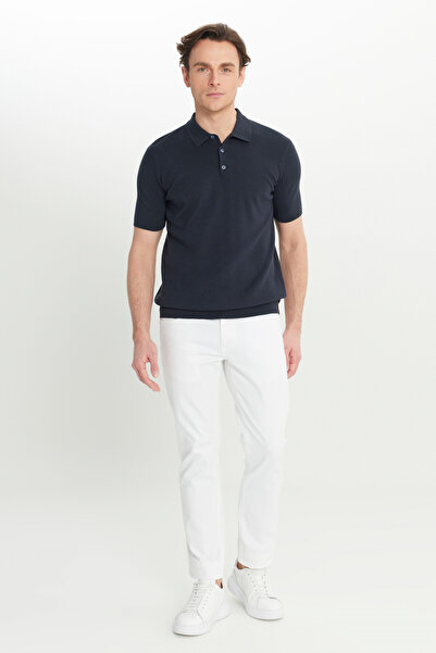 ALTINYILDIZ CLASSICS Men's Navy Blue 100% Cotton Standard Fit Regular Cut Polo Neck Jacquard Knit T-Shirt