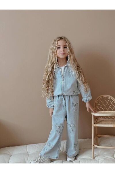 YİGİT BUTİK Set pentru fetiță cu fermoar, cu model de fundă din denim