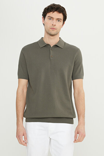 ALTINYILDIZ CLASSICS Men's Khaki 100% Cotton Standard Fit Regular Cut Polo Neck Jacquard Knit T-Shirt