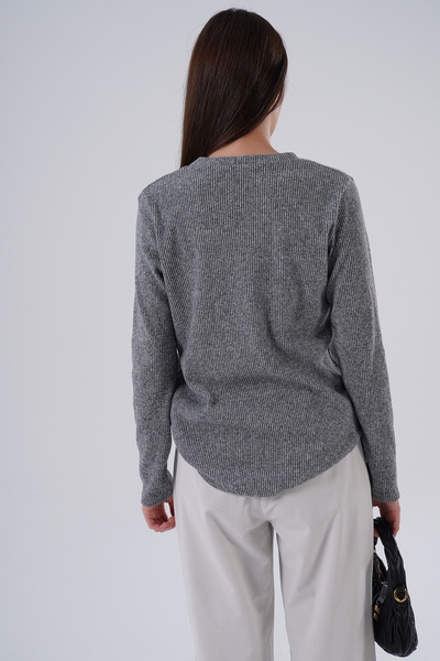 HOFY 1246 Large Size Soft Knitwear Ribbed Knit V-Neck Blouse