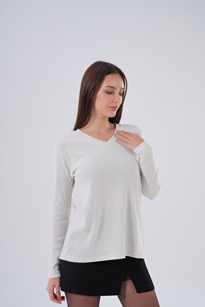 HOFY 1246 Large Size Soft Knitwear Ribbed Knit V-Neck Blouse