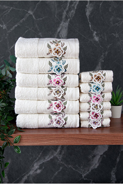 ihvan online 100% Cotton 3D Floral Embroidered 12-Piece Dowry Towel Set for Mother and Daughter 50X90 cm - 00030
