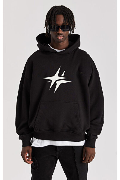 Rivox سويت شيرت رجالي أسود بغطاء رأس قصة فضفاضة ستار مطبوع