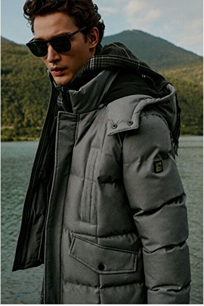 ALTINYILDIZ CLASSICS Standard Fit Regular Cut Coming Out Hooded Quilted Patterned Gray Coat