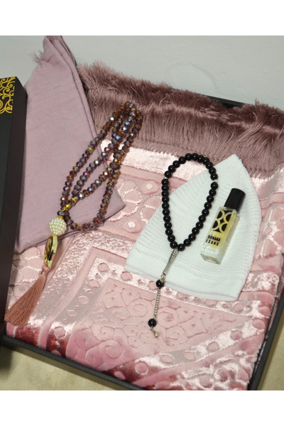 Bilenler طقم سجادة صلاة هدية – سجادة صلاة من الجاكار، غطاء، مسبحة كريستال، مسبحة رجالية، غطاء رأس، طقم مع علبة عطر