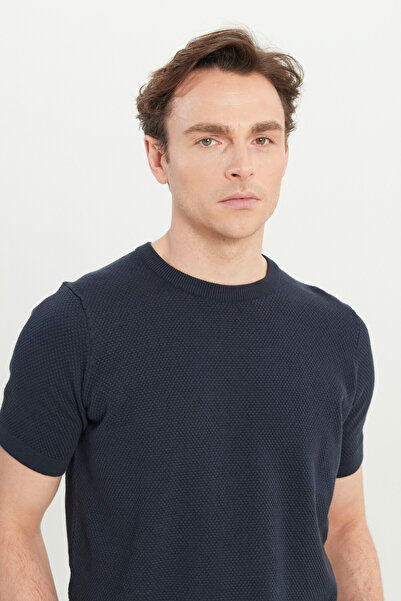 ALTINYILDIZ CLASSICS Men's Navy Blue 100% Cotton Standard Fit Regular Cut Crew Neck Knit T-Shirt