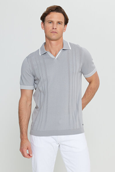 ALTINYILDIZ CLASSICS Men's Gray 100% Cotton Standard Fit Regular Cut Crew Neck Jacquard Knit T-Shirt