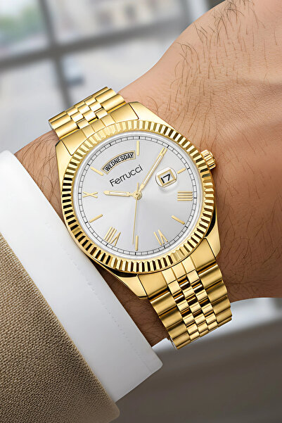 Ferrucci Erkek Kol Saati Çelik Kasa & Çelik Jübile Kordon Çift Takvim Gold zmfer207
