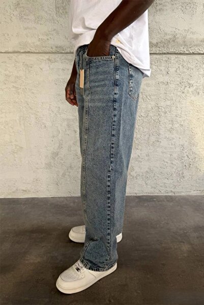 MADZEYMODA Men's Relax Baggy Stitching Detail Blue Denim Jean Trousers Ke-986