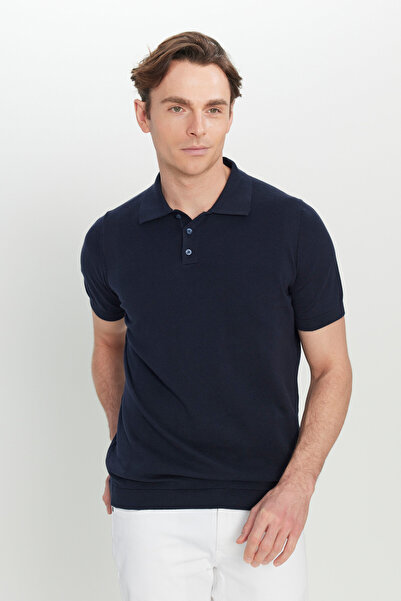 ALTINYILDIZ CLASSICS Men's Navy Blue 100% Cotton Standard Fit Regular Cut Polo Neck Jacquard Knit T-Shirt