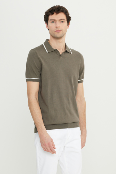 ALTINYILDIZ CLASSICS Men's Khaki 100% Cotton Standard Fit Regular Cut Polo Neck Knitwear T-Shirt
