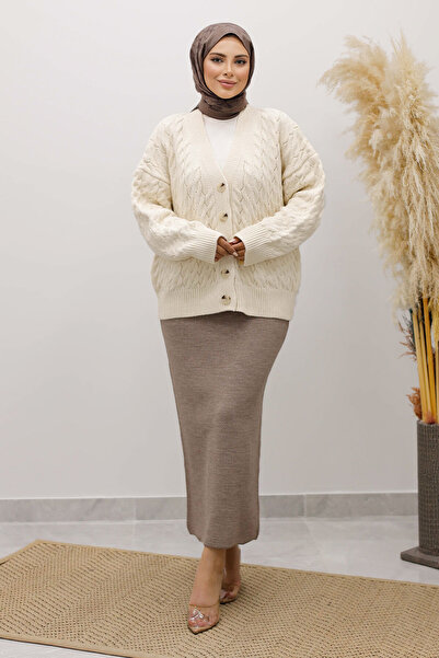 Tesettür Dünyası Buttoned Pocketed Knitwear Cardigan Tsd250225 Beige