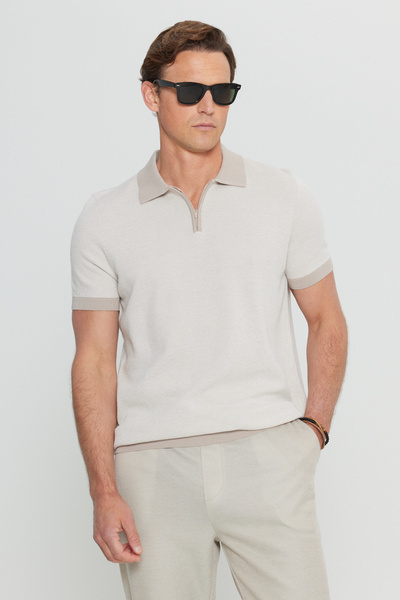 ALTINYILDIZ CLASSICS Men's Beige 100% Cotton Standard Fit Regular Cut Polo Neck Jacquard Knit T-Shirt