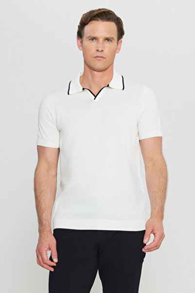 ALTINYILDIZ CLASSICS Men's White 100% Cotton Standard Fit Regular Fit Polo Neck Knitwear T-Shirt