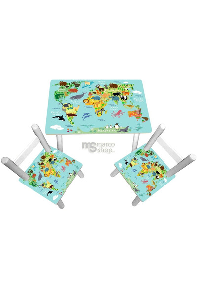 Marcoshop Masă pentru copii cu 2 scaune - Hartă cu animale pe glob