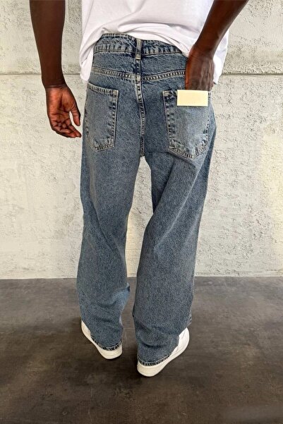 MADZEYMODA Men's Relax Baggy Stitching Detail Blue Denim Jean Trousers Ke-986