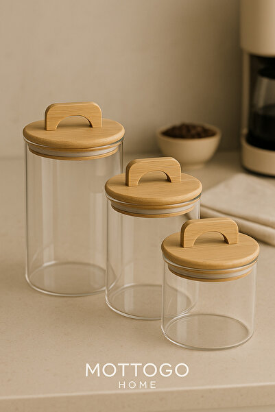 Mottogo Bamboo Vacuum Lid 3-Piece Jar Set - 370 ml / 650 ml / 950 ml – Airtight Storage Container