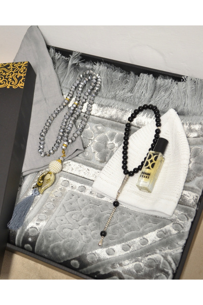 Bilenler Gift Prayer Rug Set – Jacquard Prayer Rug, Cover, Crystal Prayer Beads, Men's Prayer Beads, Skullcap, Set with Essence Box
