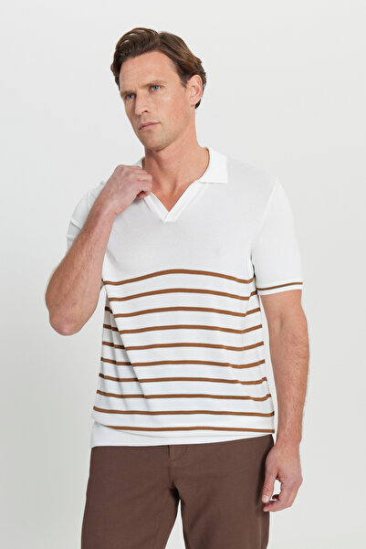 ALTINYILDIZ CLASSICS Men's Ecru Standard Fit Regular Cut Polo Neck Striped Knit T-Shirt