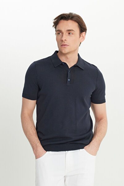 ALTINYILDIZ CLASSICS Men's Navy Blue 100% Cotton Standard Fit Regular Cut Polo Neck Knitwear T-Shirt