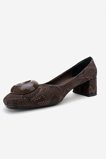LuviShoes Mila Brown Patterned Buckle Square Toe Women's Thick Heeled Shoes
