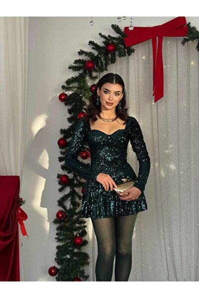 conconmoda Pileli Kalp Yaka Tasarım Payet Elbise