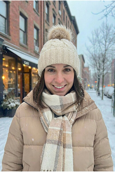 BESKAR Cream Color Hand Knitted Soft Texture Corded Fabric Winter Women's Beanie