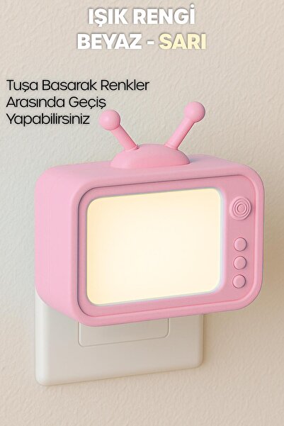 Telvesse Gece Lambası Eski TV Tip 2 MOD Sarı-Beyaz Işık Tuşlu Koridor Hol Işığı Uyuma Işığı Pembe GC04