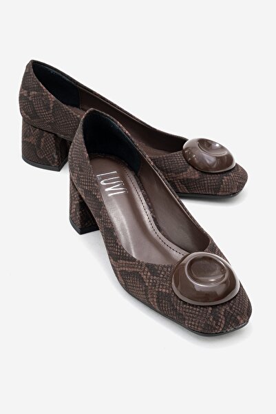 LuviShoes Mila Brown Patterned Buckle Square Toe Women's Thick Heeled Shoes