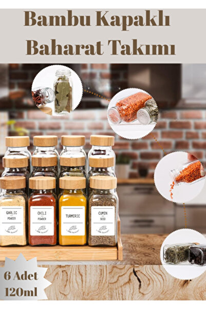 Flash Bazaar 6-Piece Square Glass Spice Jar Set with Bamboo Lids / 6 Pieces with Labels as Gift / 6-Piece Spice Jar Set
