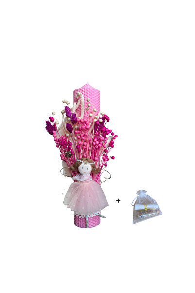 OEM Pink natural wax baptism candle, decorated with dried flowers and fairies + spices for the baby boy