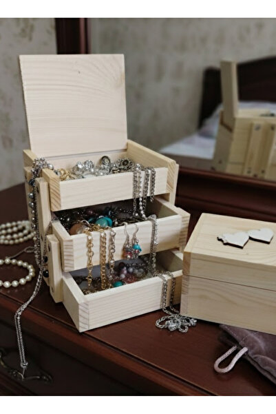 abnturk 3 Katlı Çekmeceli Ahşap Akordiyon Takı Kutusu